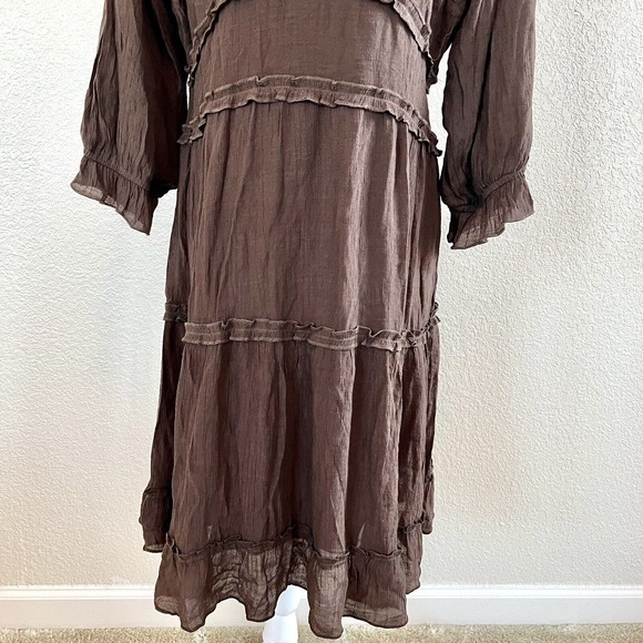 Mikarose The Charlie XLarge Tiered Midi Dress Brown Prairie V Neck Cottagecore - Picture 4 of 16